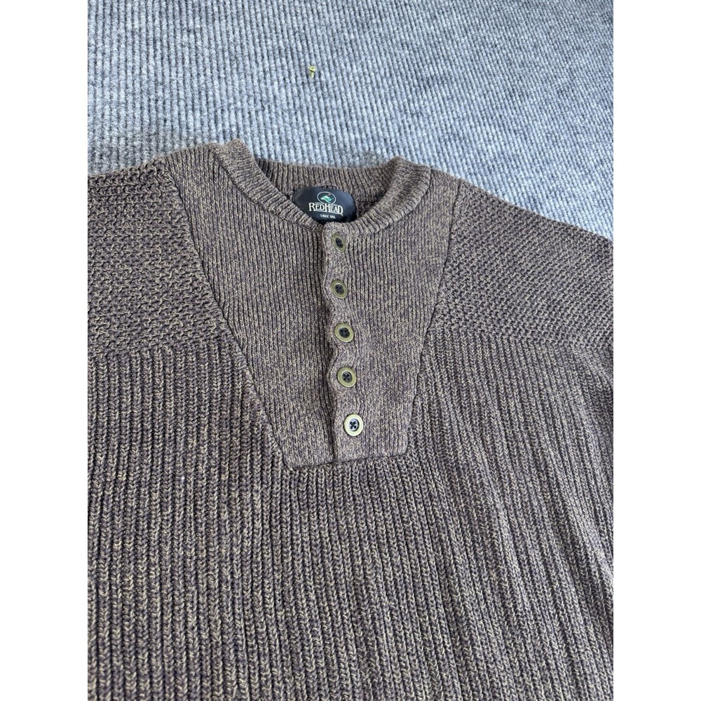 RedHead Brown Chunky-Knit Cotton Acrylic Henley Sweater XL Crew Neck Long Sleeve - Picture 2 of 6